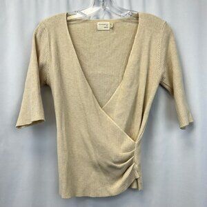 Dreamers Womens By Debut Casual Top Beige 3/4 Sleeve Surplice Ruched Ribbed M/L